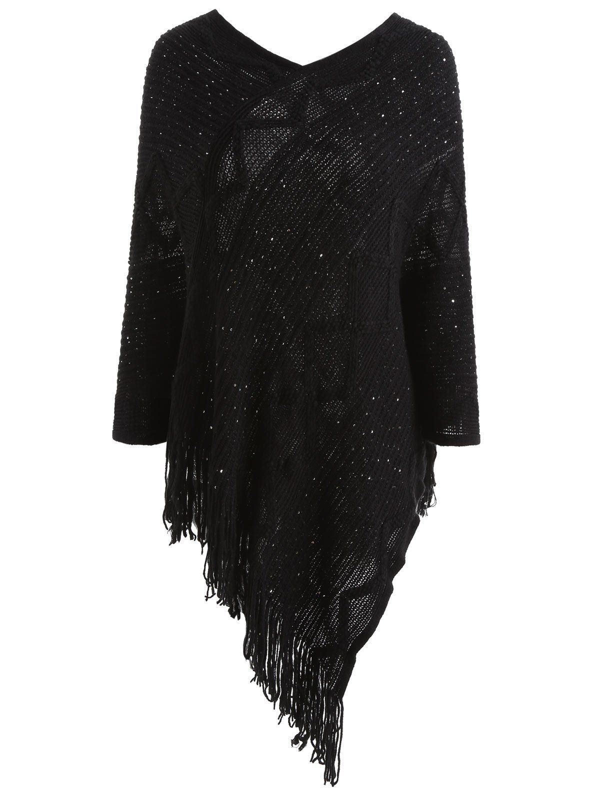 

Asymmetrical Sequin Cape Sweater, Black