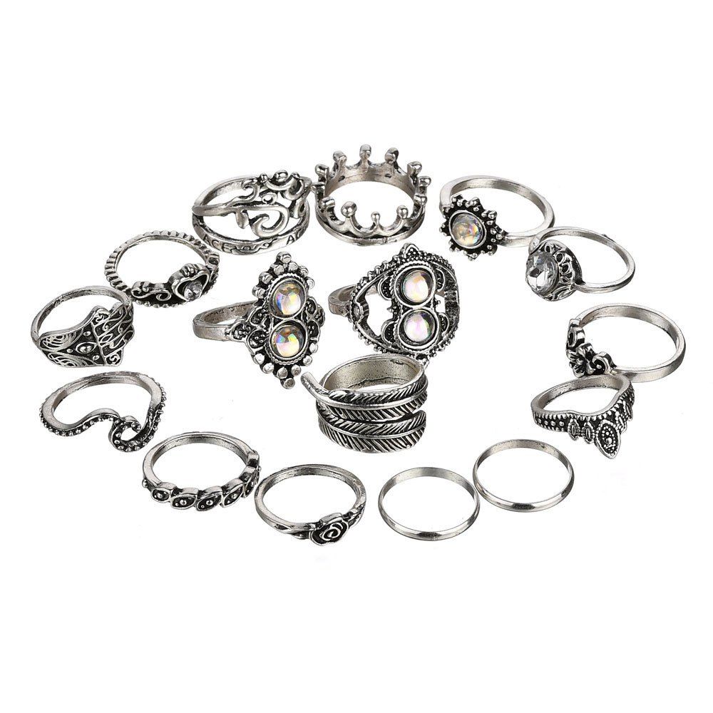 

Faux Crystal Inlaid Leaf Hollow Rings Set, Silver