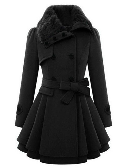 Double Breasted Turn Down Collar Coat, Black