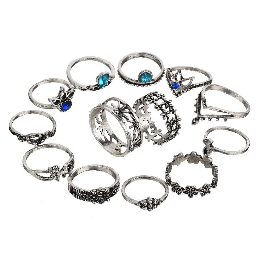 

Rhinestone Hollow Flower Water Drop Rings Set, Silver