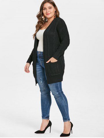 

Plus Size Cable Knit Cardigan with Open Front, Black