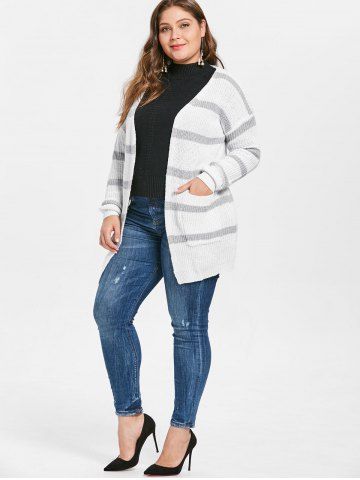 

Plus Size Two Tone Open Front Longline Cardigan, White