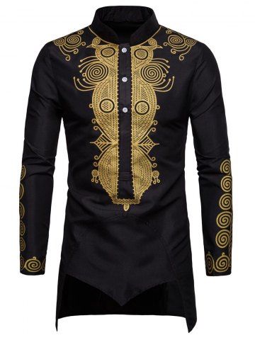 

Vintage Ethnic Printed Long Sleeve Shirt, Black
