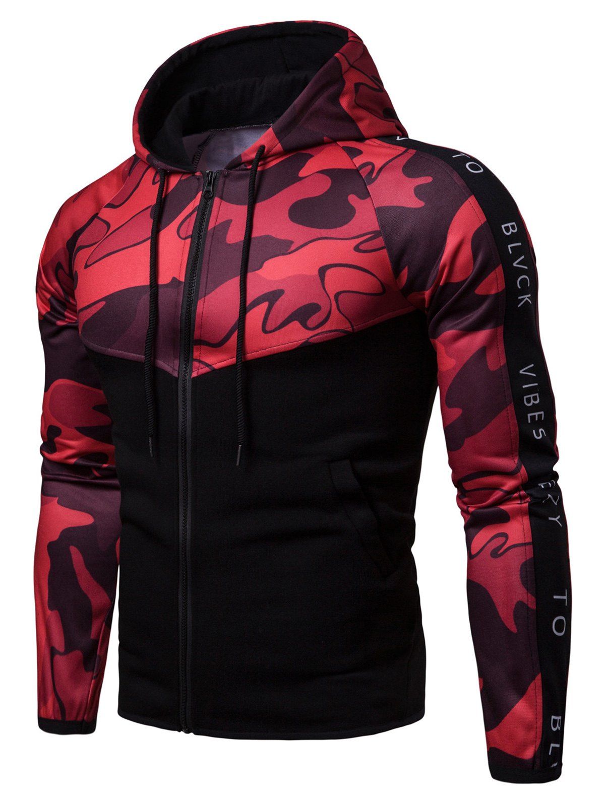 

Camouflage Color Block Raglan Sleeve Hoodie, Red wine