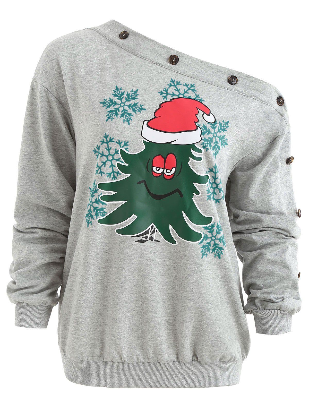 

One Shoulder Christmas Tree Print Sweatshirt, Gray