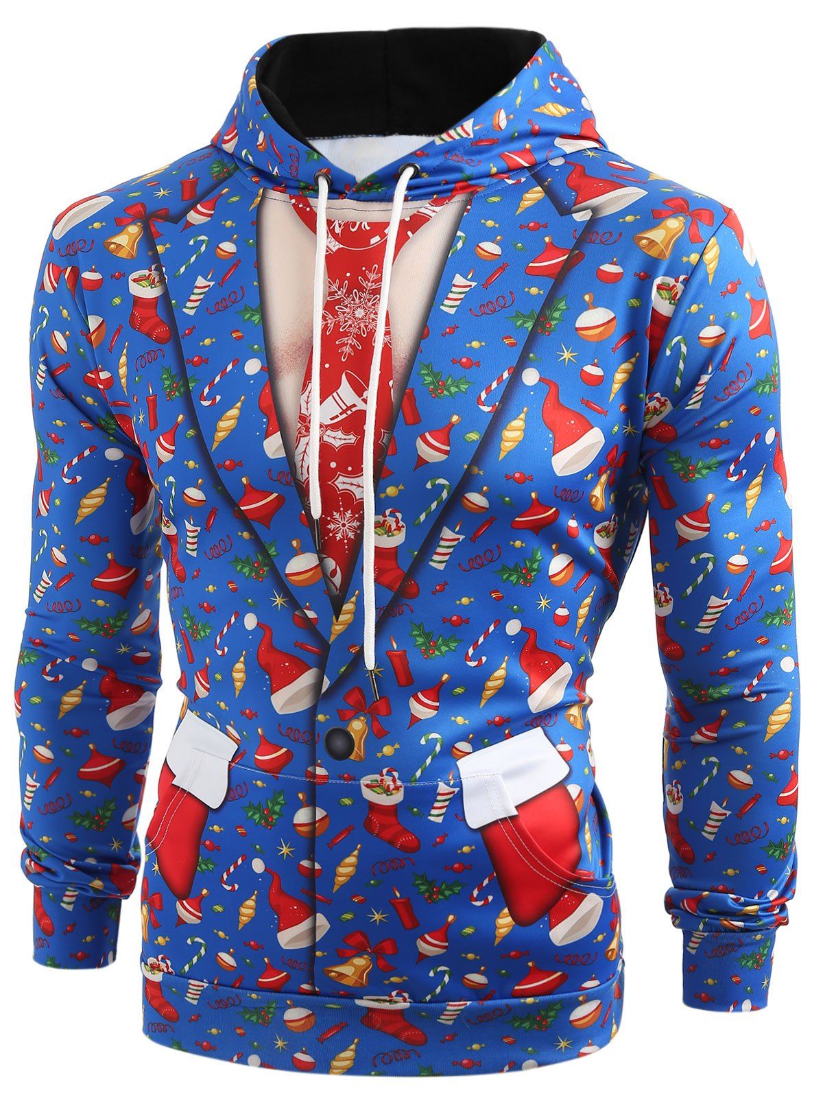 

3D Christmas Elements Blazer Print Hoodie, Ocean blue