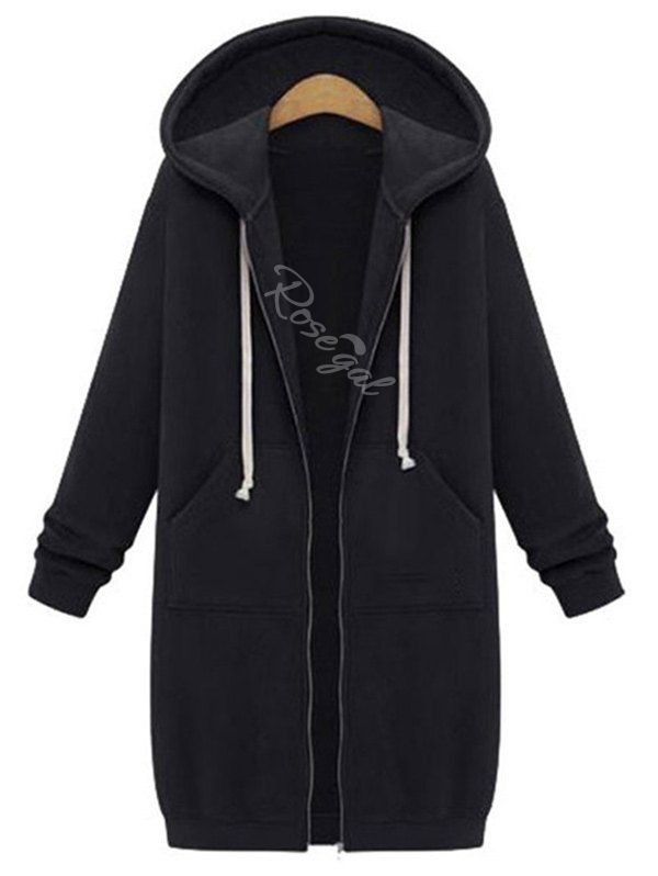 

Plus Size Kangaroo Pocket Tunic Zip Hoodie, Black