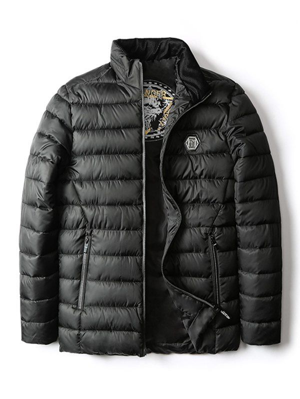 

Zippered Pockets Applique Padded Coat, Black