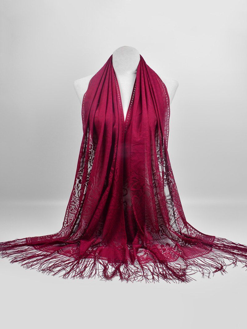 

Vintage Hollow Out Floral Lace Shawl Scarf, Red wine