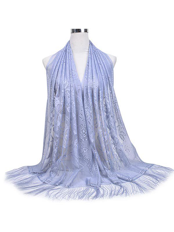 

Elegant Floral Fringed Shawl Scarf, Blue gray