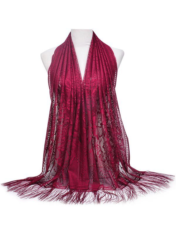 

Elegant Floral Fringed Shawl Scarf, Red wine