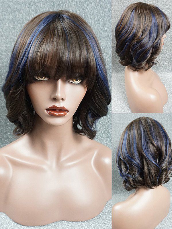 [78 OFF] Full Fringe Short Highlighted Wavy Human Hair Wig Rosegal