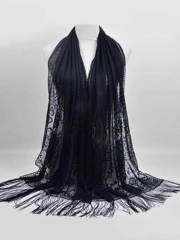 

Elegant Floral Lace Long Scarf, Black