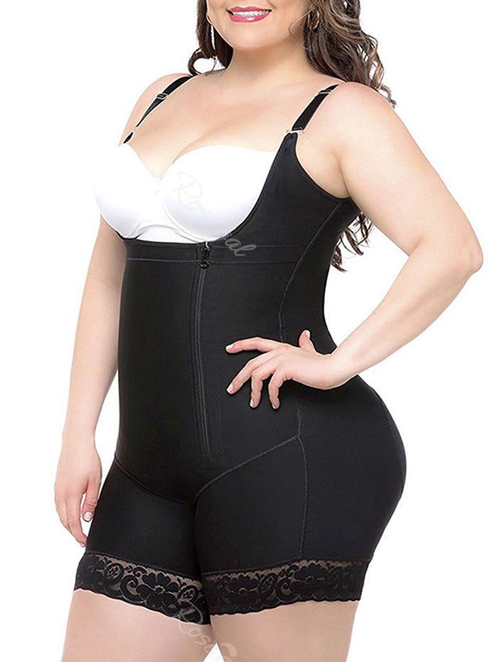 

Plus Size Lace Hem Zip Embellished Corset, Black