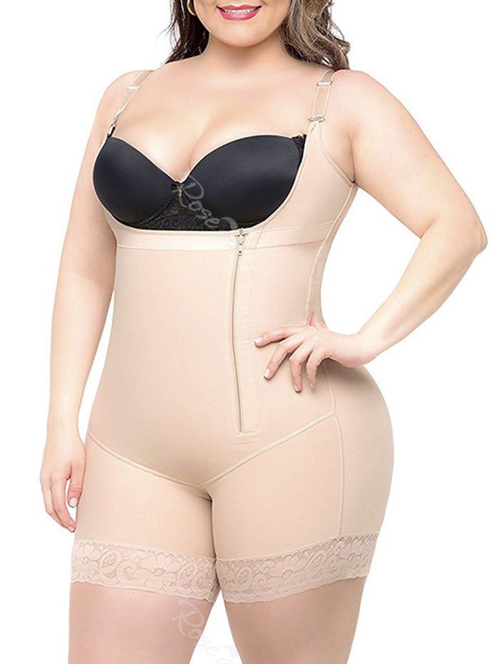 

Plus Size Lace Hem Zip Embellished Corset, Apricot