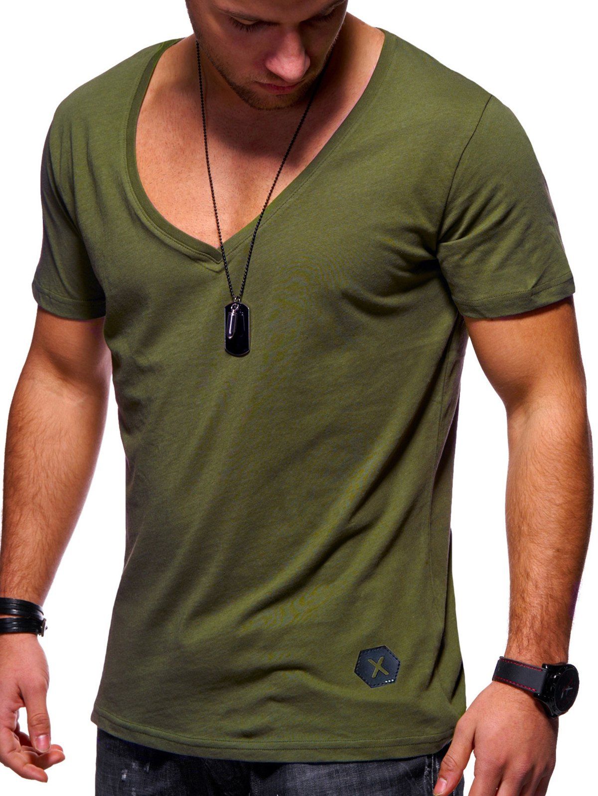 

V Neck Slim Fit Solid Color Tee, Army green