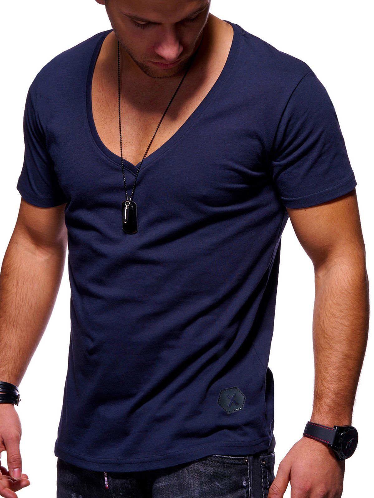 

V Neck Slim Fit Solid Color Tee, Cadetblue
