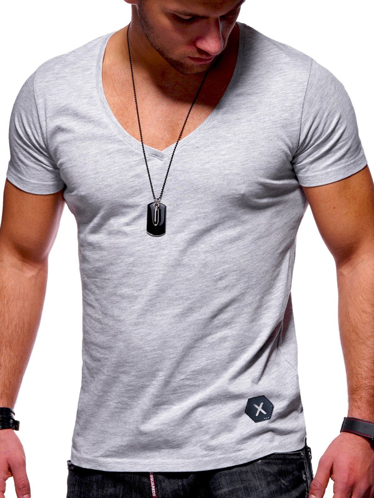 

V Neck Slim Fit Solid Color Tee, Light gray