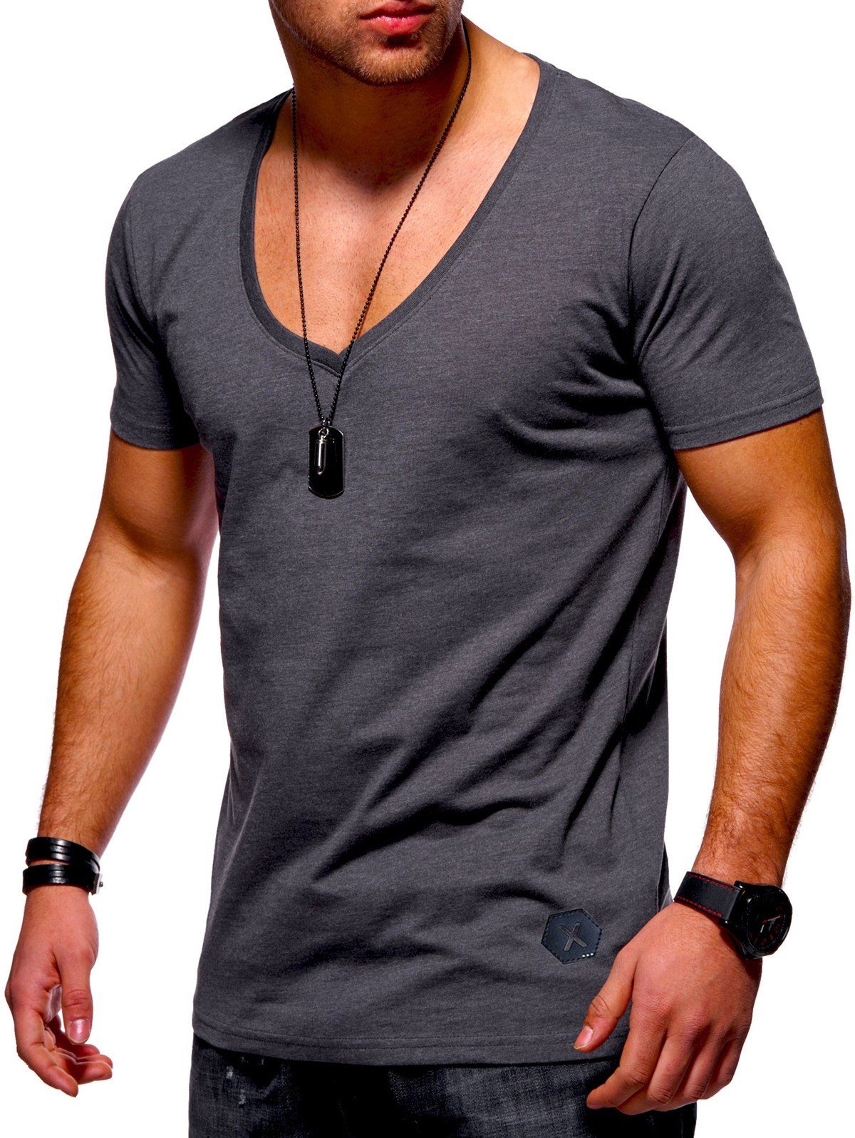 

V Neck Slim Fit Solid Color Tee, Ash gray