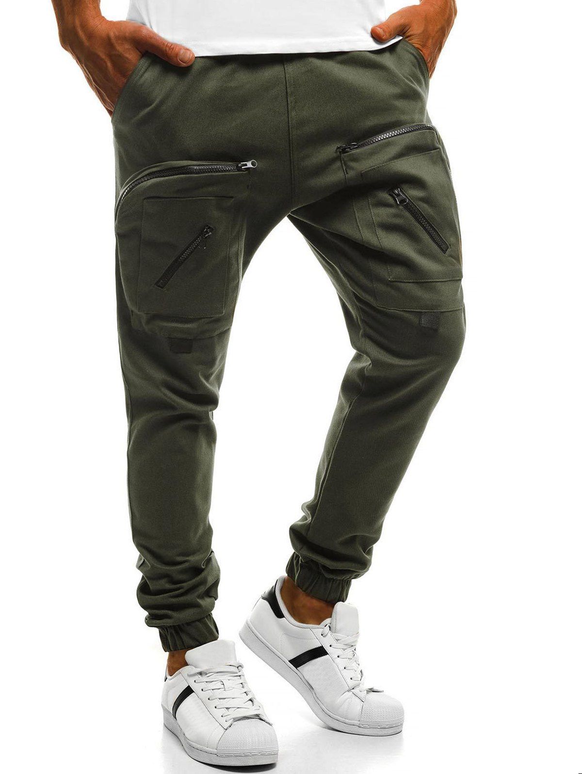 

Zip Pocket Solid Color Jogger Pants, Army green