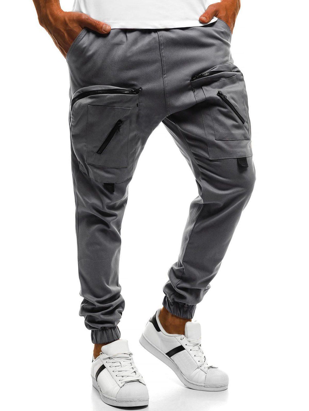 

Zip Pocket Solid Color Jogger Pants, Gray