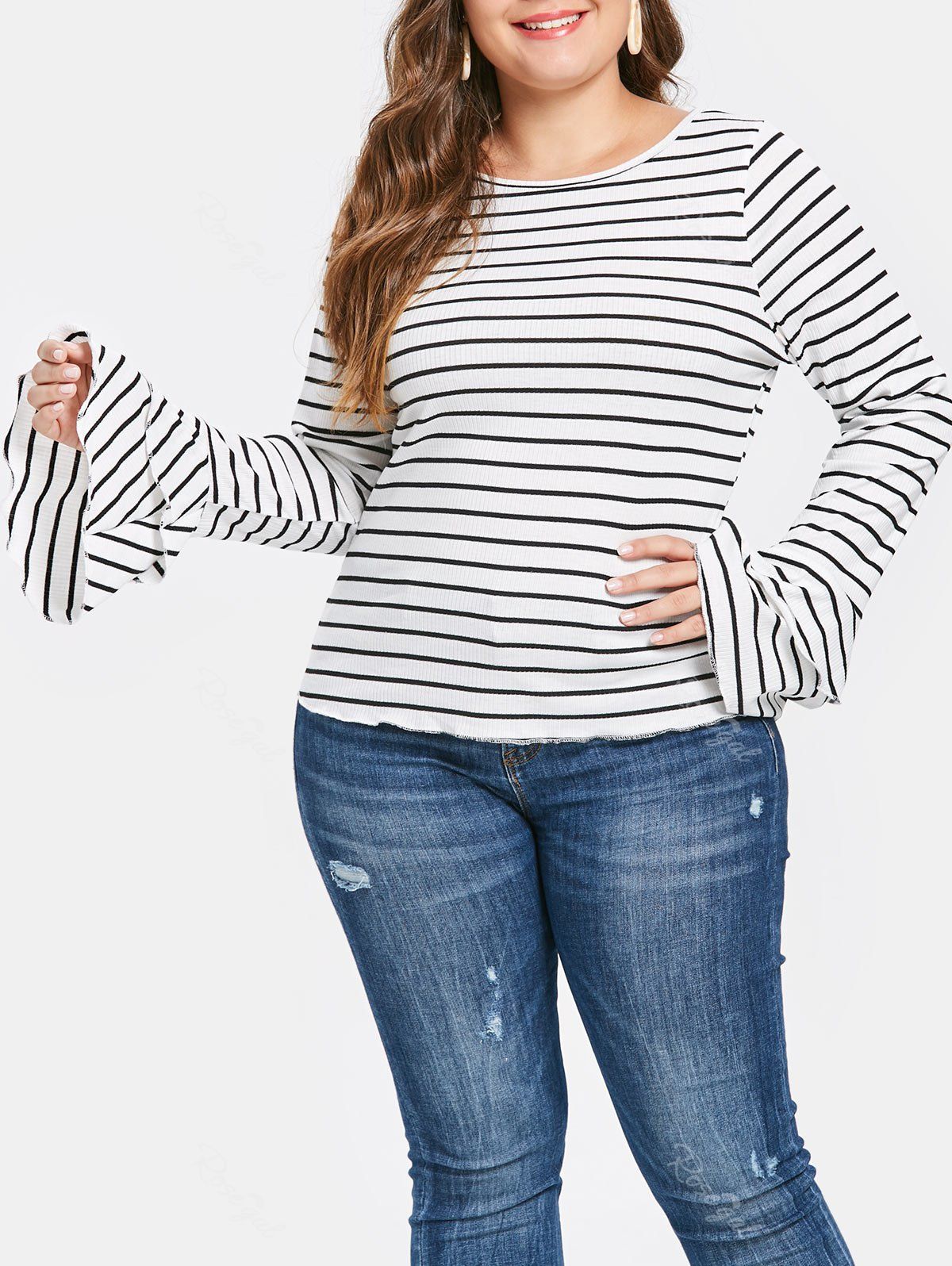 

Layered Flare Sleeve Plus Size Striped T-shirt, Black