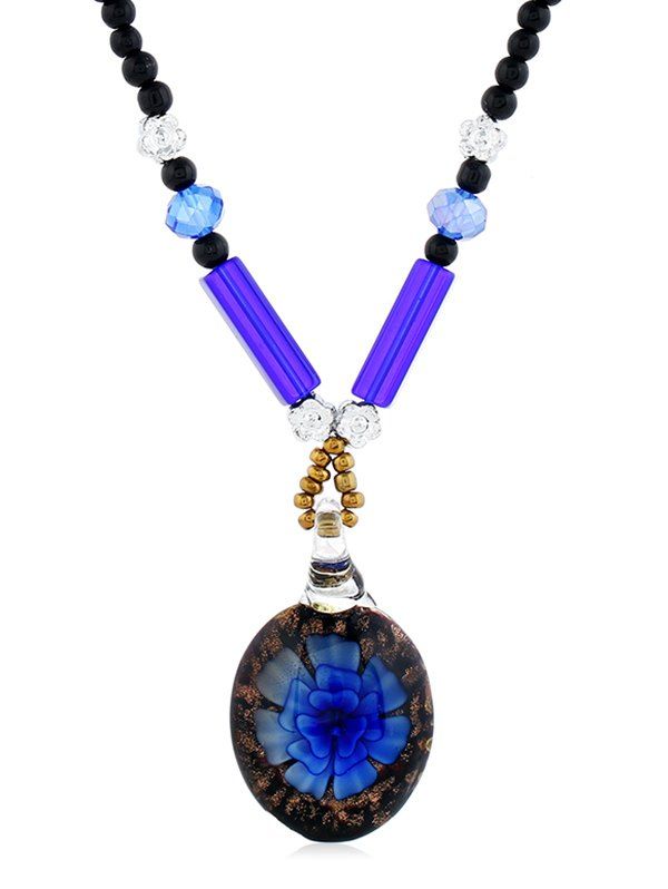 

Ethnic Floral Printed Beaded Pendant Necklace, Blue
