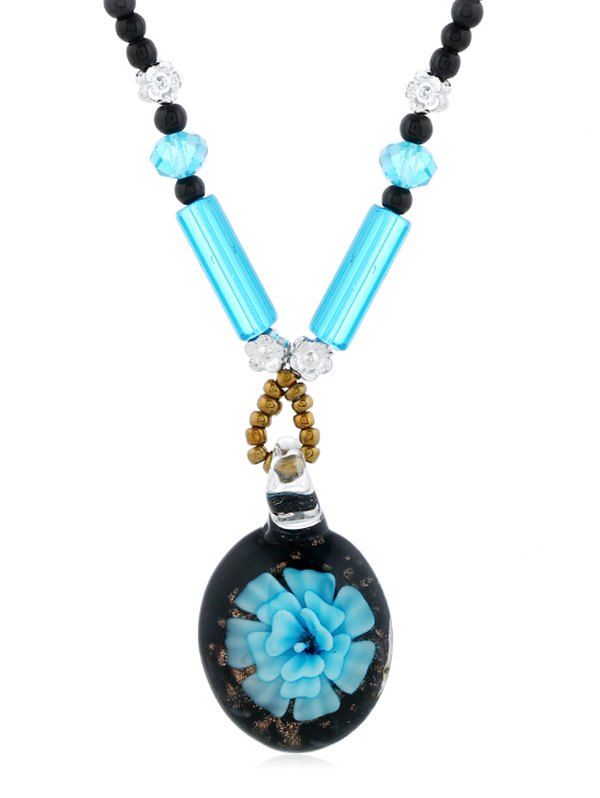 

Ethnic Floral Printed Beaded Pendant Necklace, Blue zircon