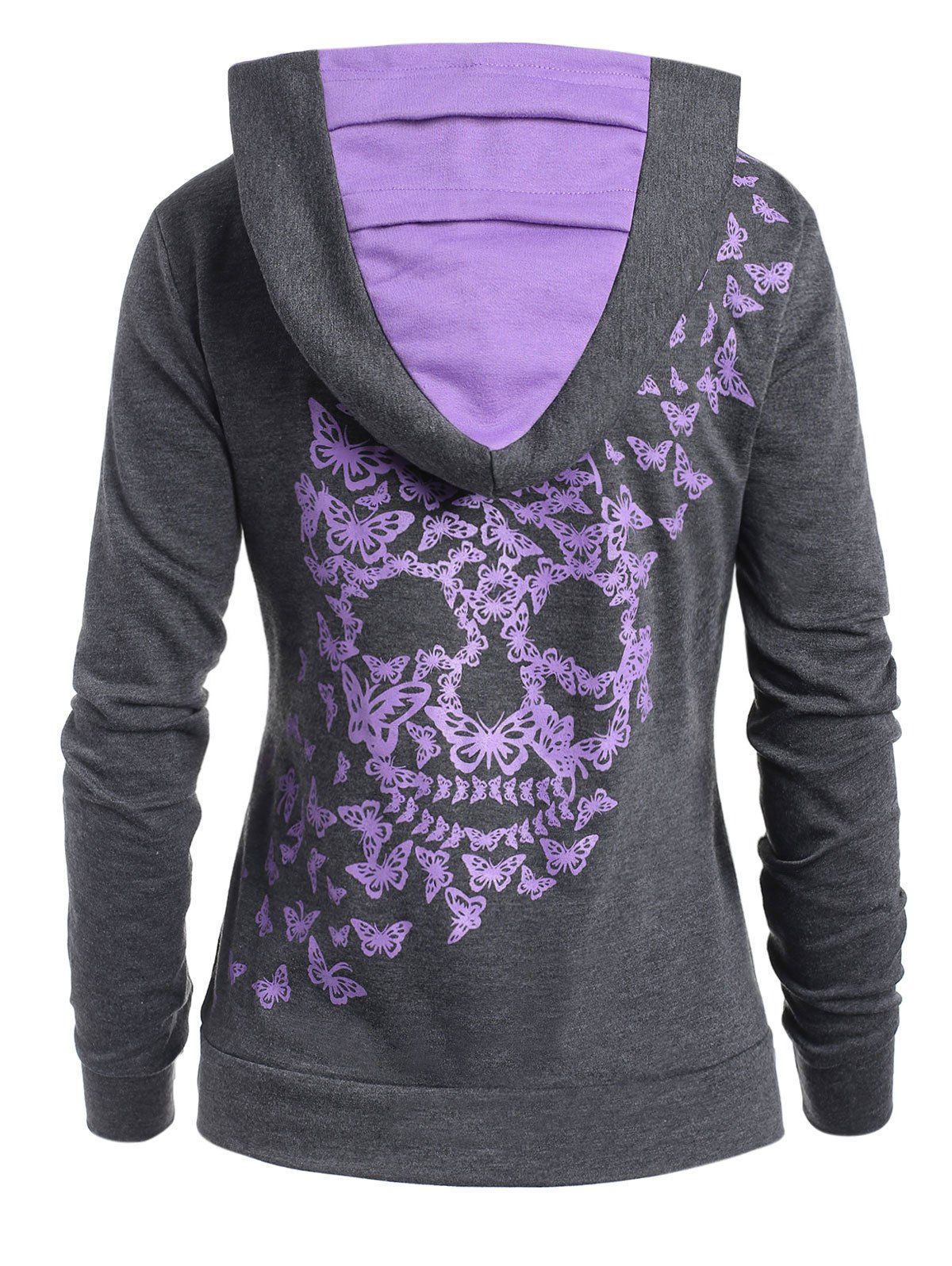 

Butterflies Skull Print Funnel Hoodie, Dark gray