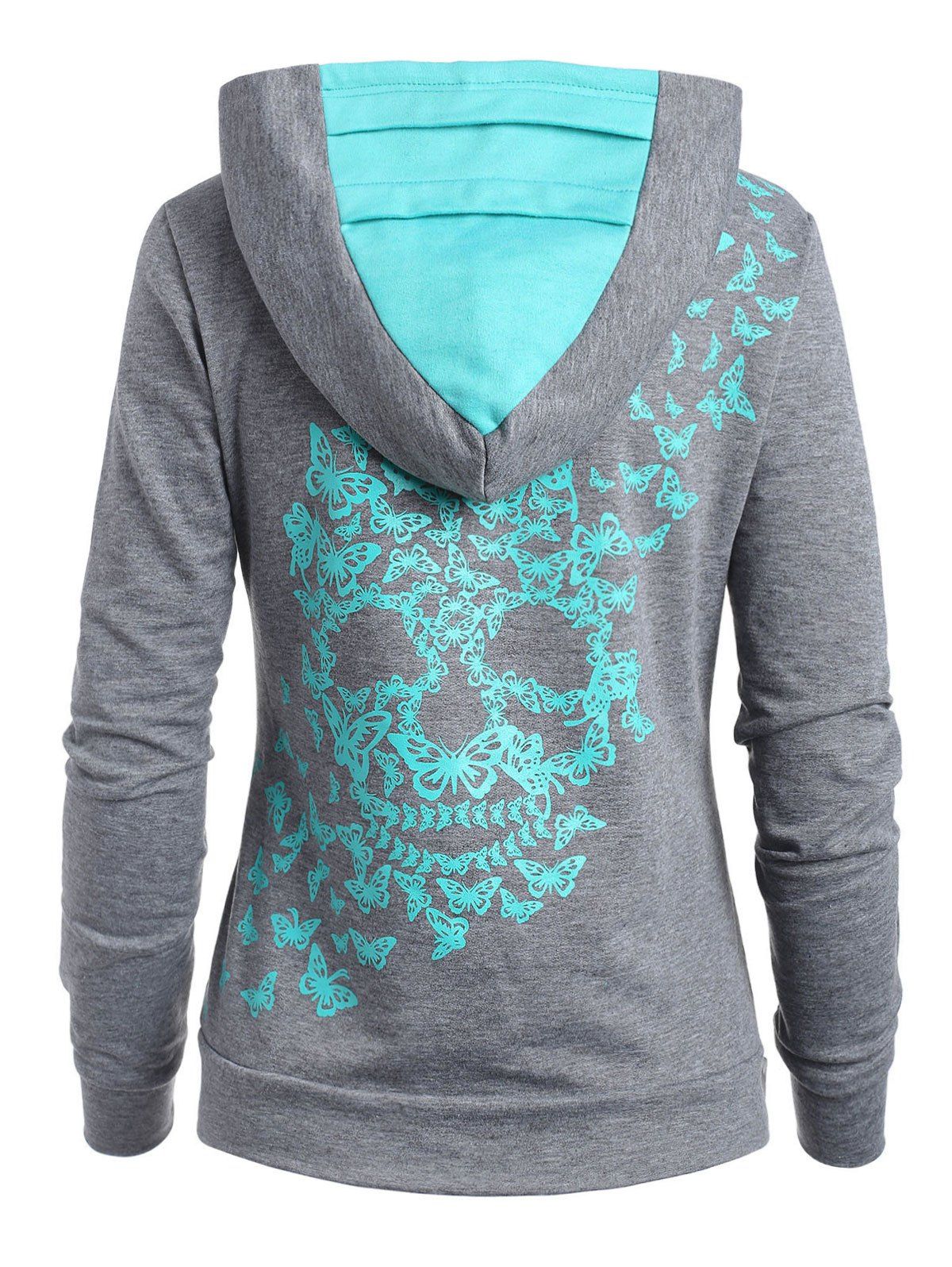 

Butterflies Skull Print Funnel Hoodie, Light aquamarine