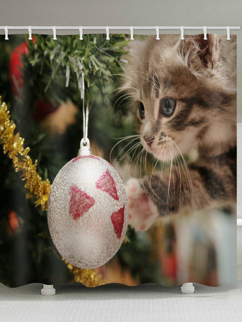 

Christmas Ball Cat Print Waterproof Bathroom Shower Curtain, Multi