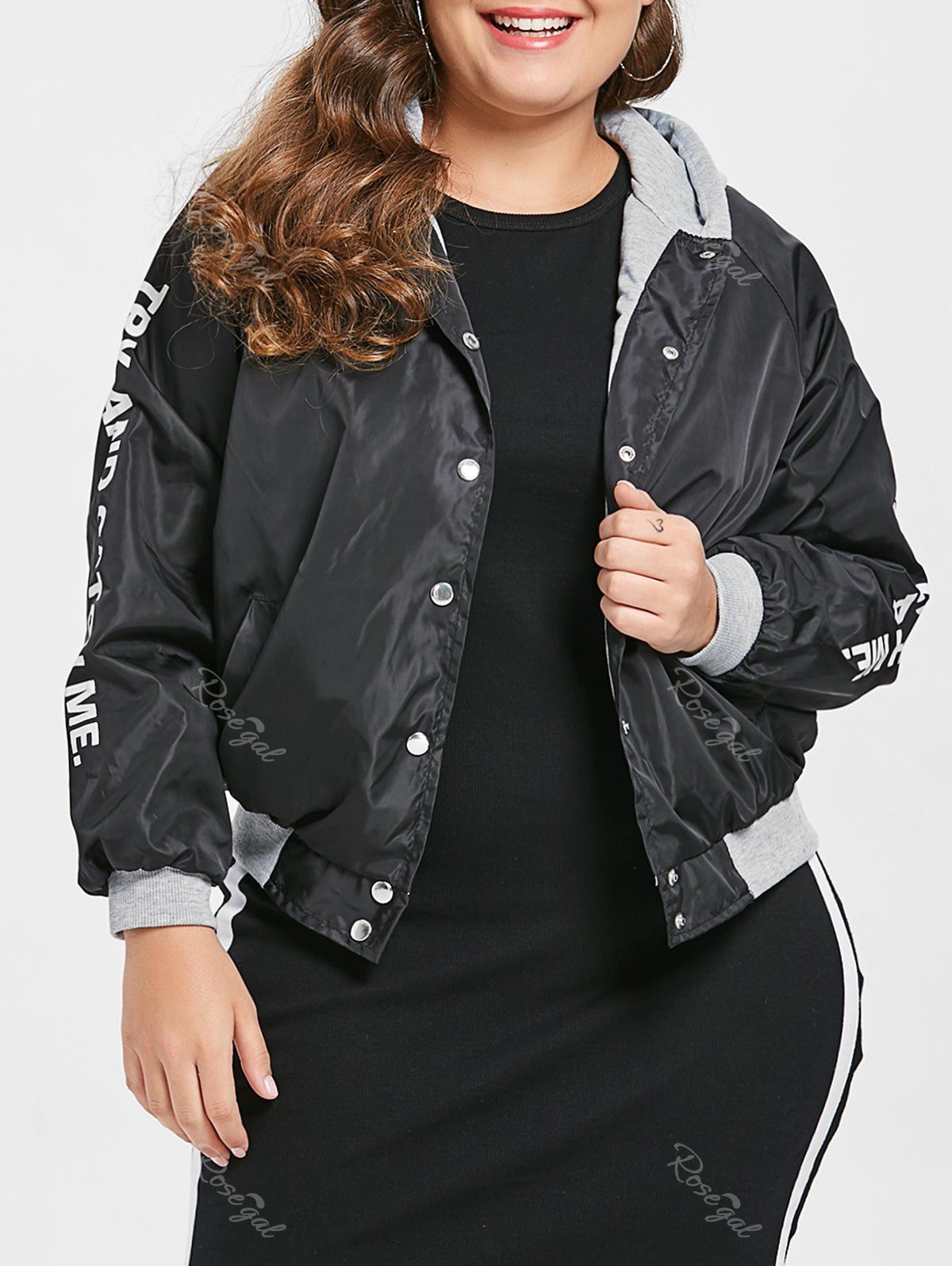 

Letter Print Plus Size Hooded Jacket, Black
