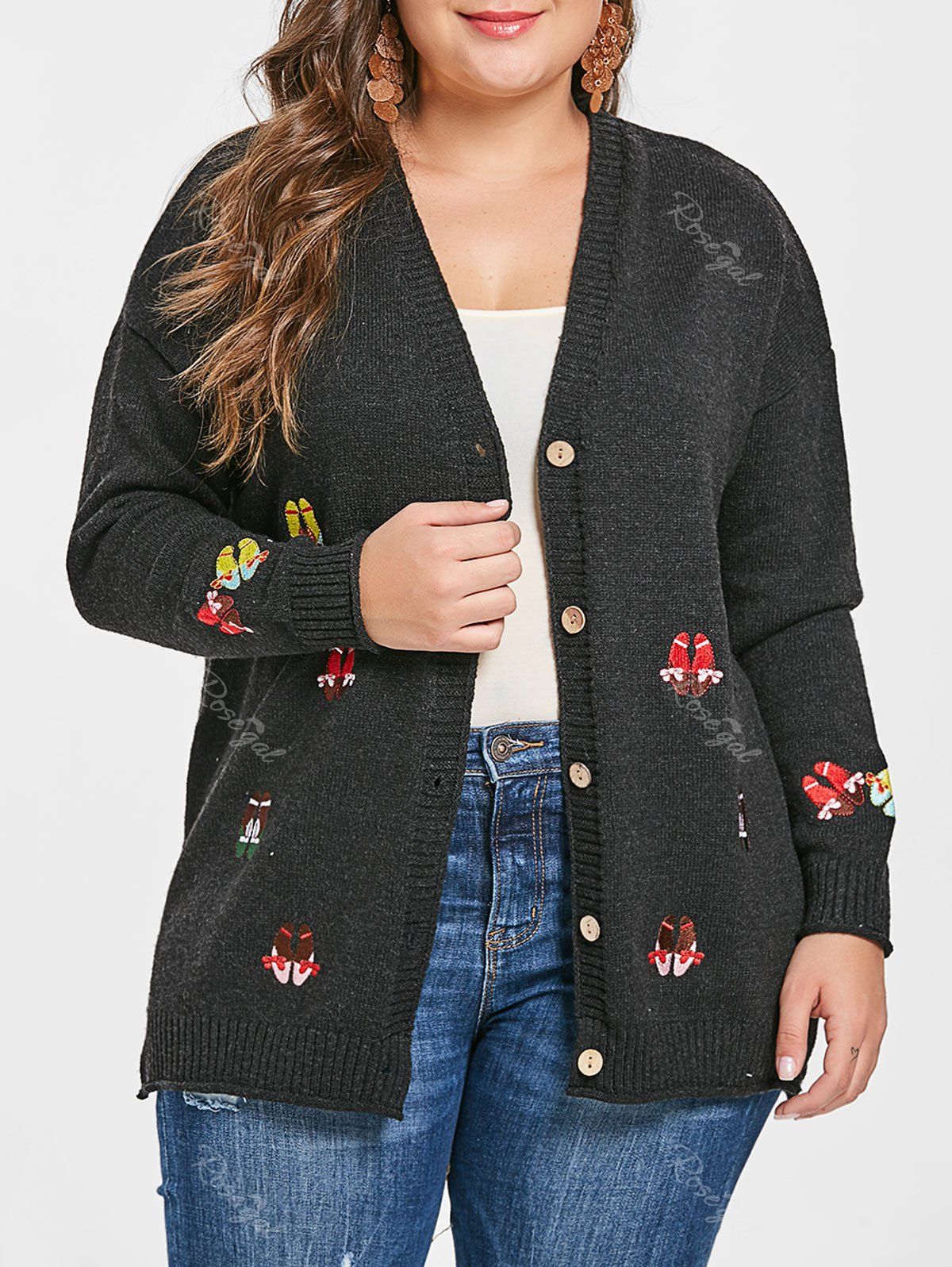 

Embroidery Plus Size Drop Shoulder Cardigan, Black