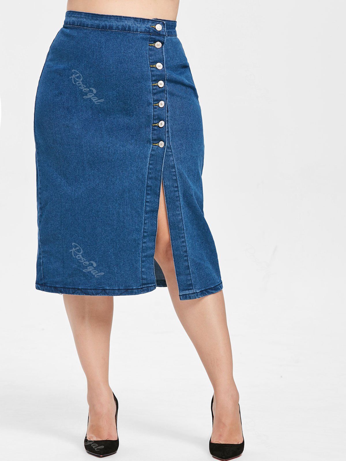 

Plus Size High Waisted Slit Denim Skirt, Blue