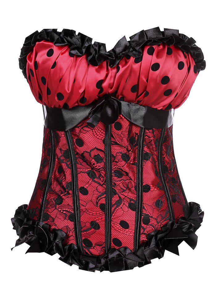 

Lace Panel Polka Dot Print Ruffle Corset, Red