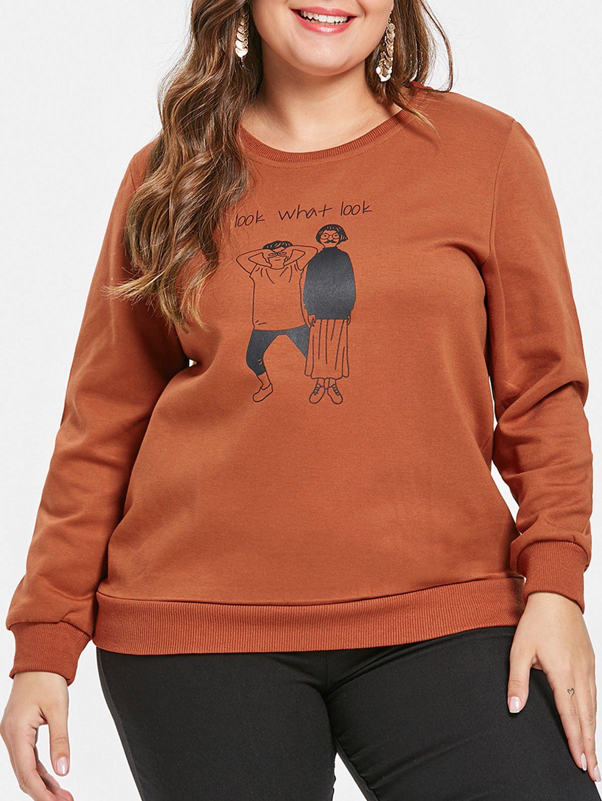 

Drop Shoulder Plus Size Cartoon Figure Pattern Sweatshirt, Orange salmon