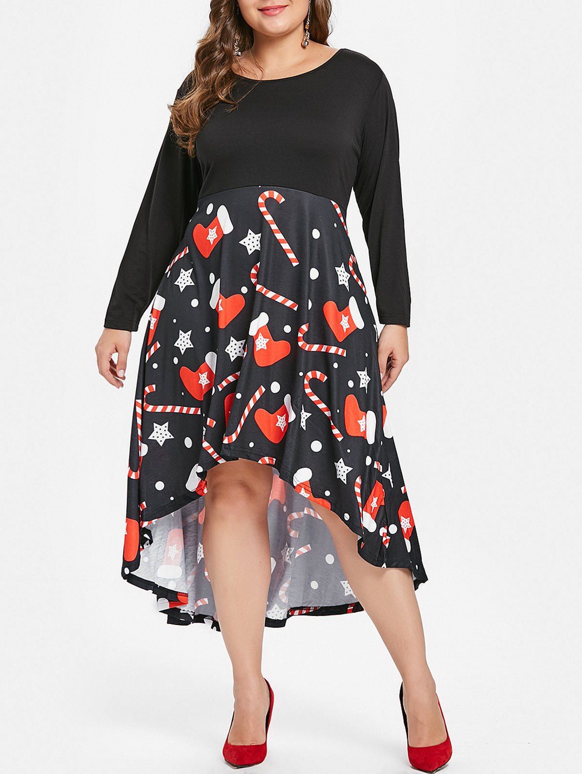 

Christmas Print Plus Size High Low Dress, Black