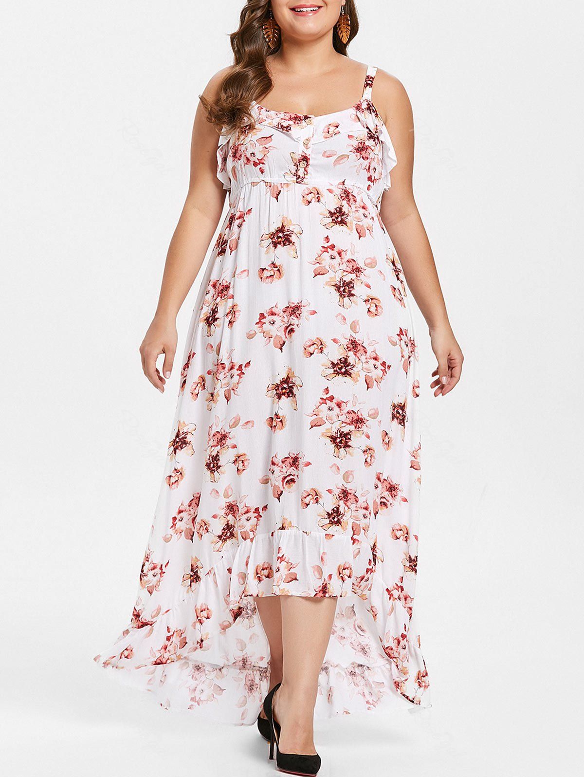 

Plus Size Asymmetrical Floral High Low Long Dress, White