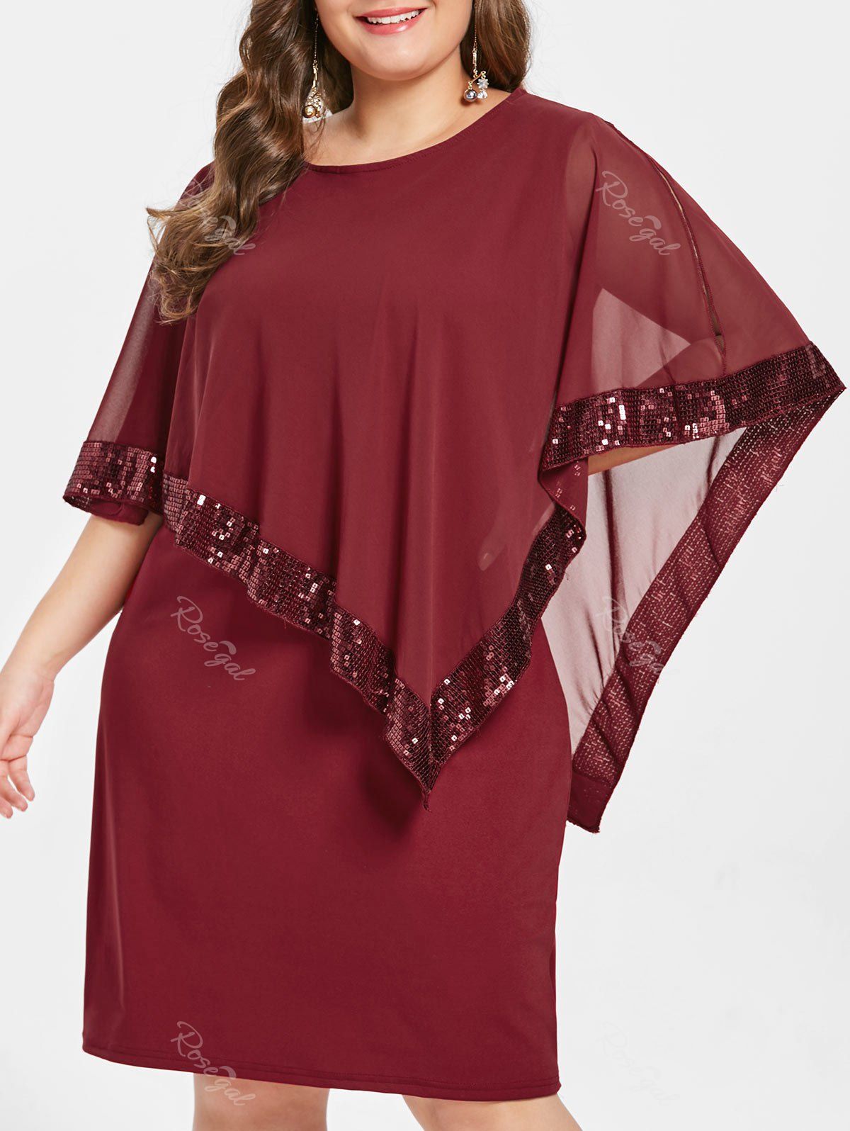 

Sequin Embellished Plus Size Overlay Dress, Red wine