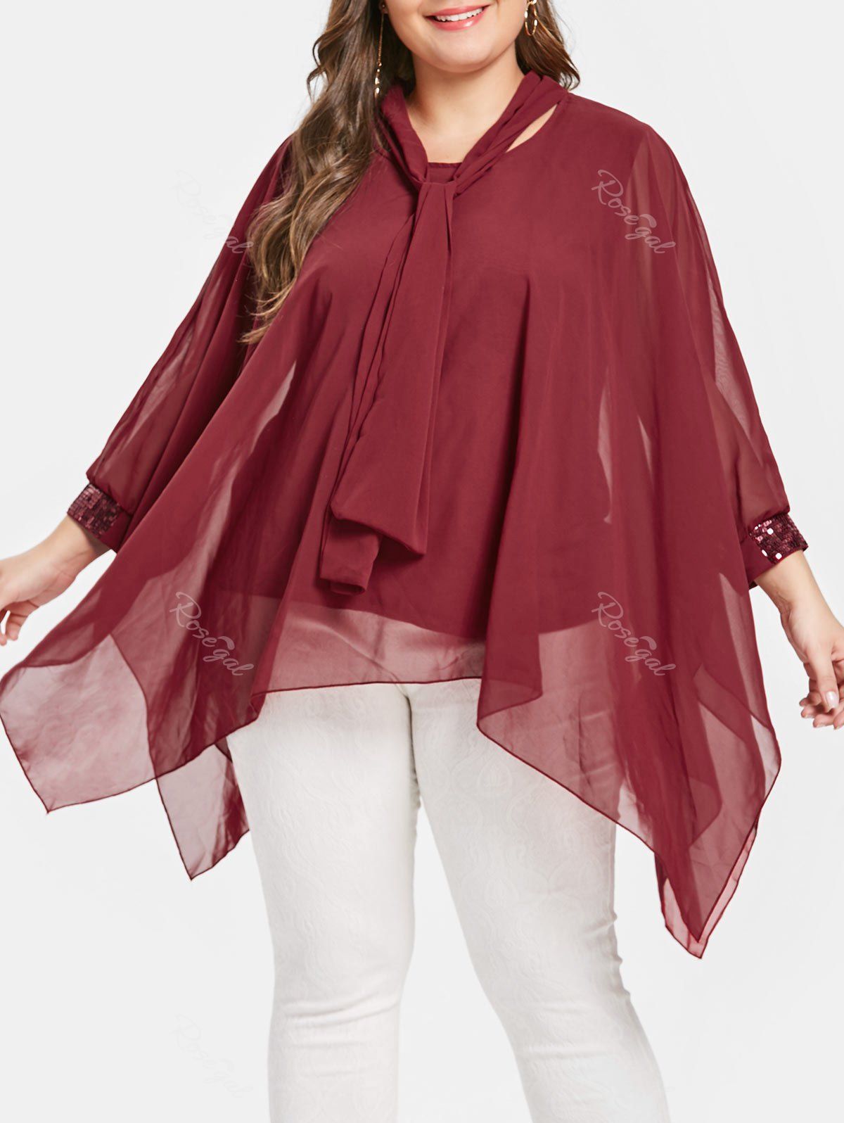 

Sequin Embellished Plus Size Asymmetrical Blouse, Red wine