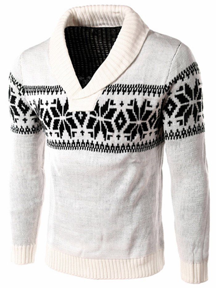 

Winter Snowflake Shawl Collar Sweater, White