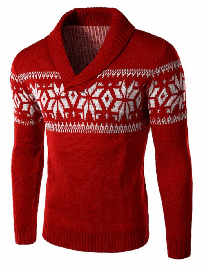 

Winter Snowflake Shawl Collar Sweater, Cherry red