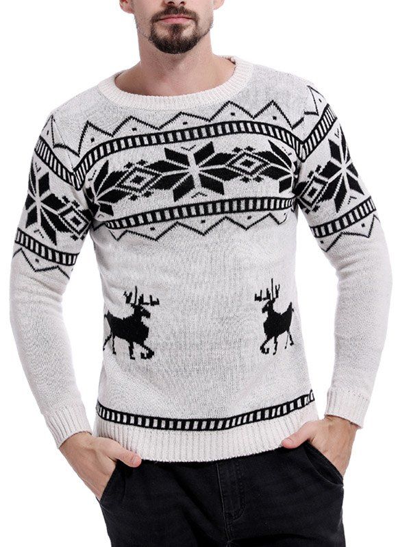 

Contrast Christmas Elk Flower Pattern Pullover Sweater, White