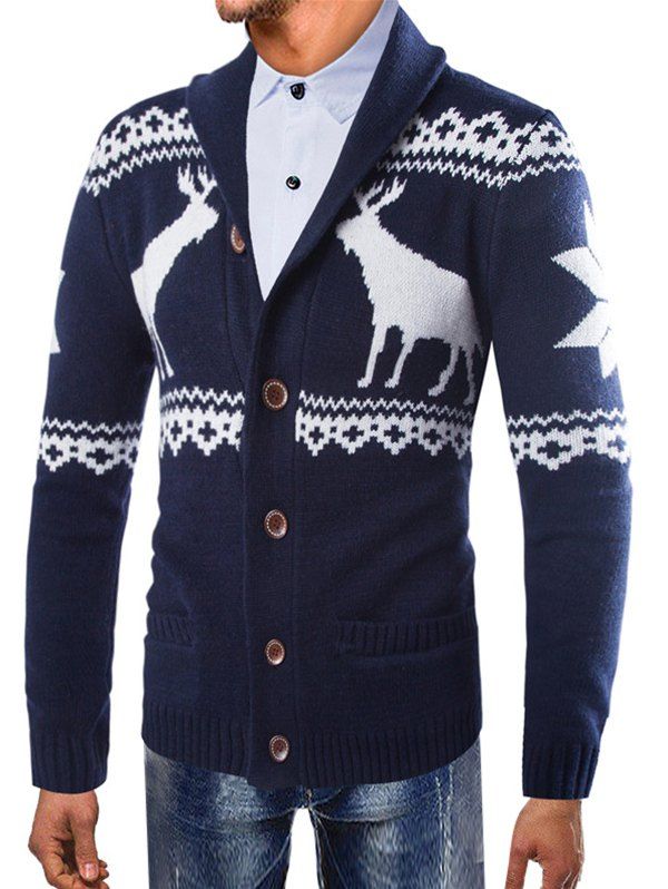 

Christmas Deer Shawl Collar Button Up Cardigan, Cadetblue