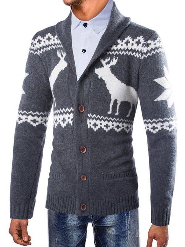 

Christmas Deer Shawl Collar Button Up Cardigan, Dark gray