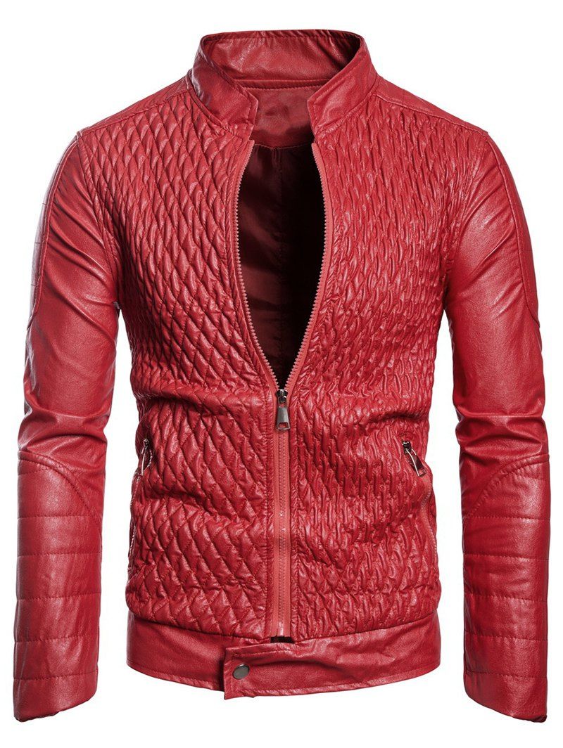 

Square Pleated Textured Leather Biker Jacket, Red