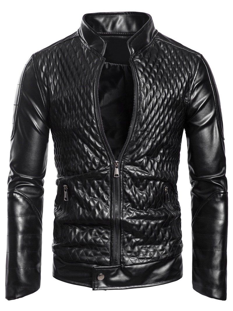 

Square Pleated Textured Leather Biker Jacket, Black