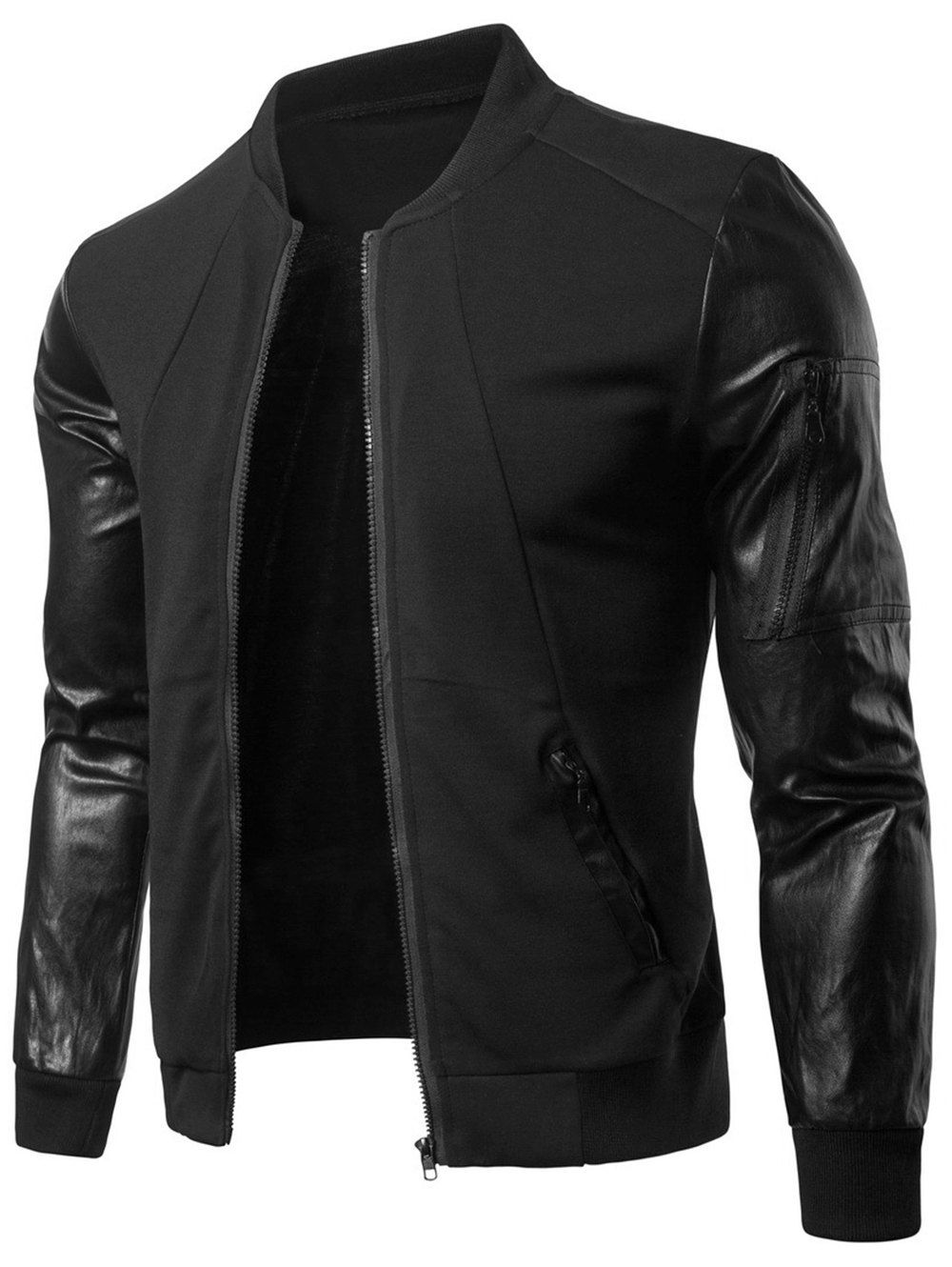 

Splicing Stand Collar Patchwork Zip Up Jacket, Black