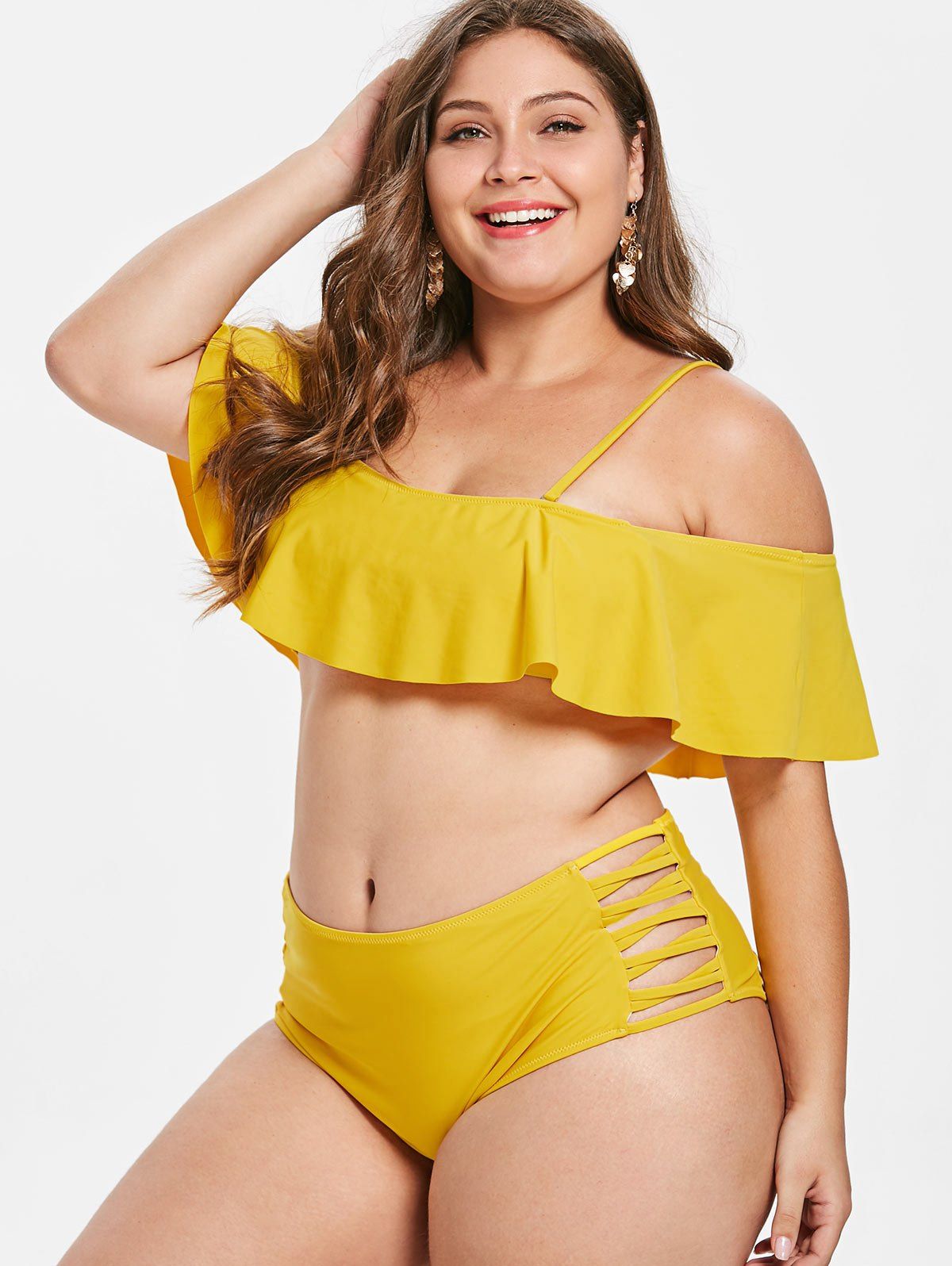

Flounce Plus Size Off Shoulder Bikini Set, Sun yellow