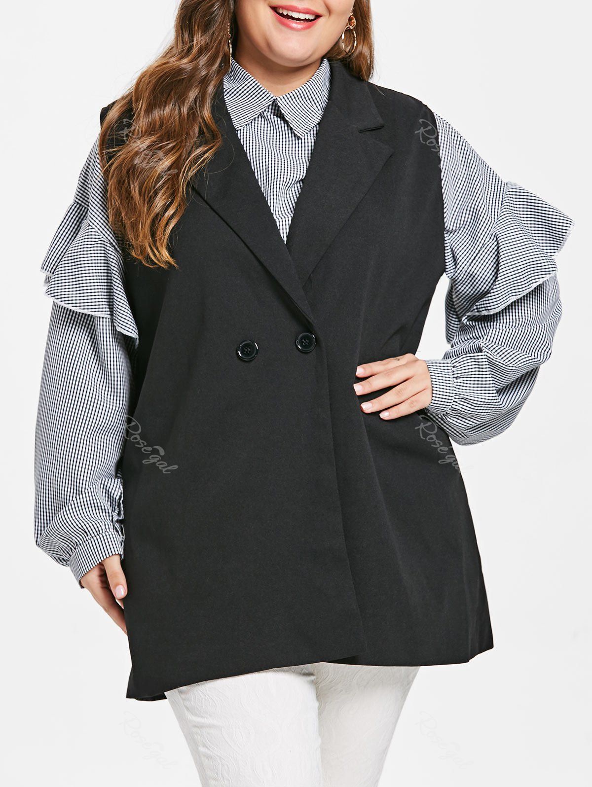 

Plus Size Waistcoat and Plaid Blouse, Black